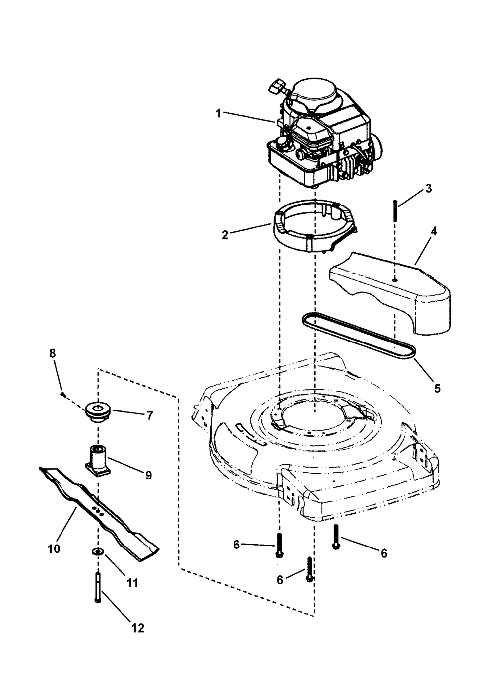 Engine, Blade And Front Cover Diagram and Parts List for 7800247-EMP2265 2008 Briggs and Stratton Lawn Mower